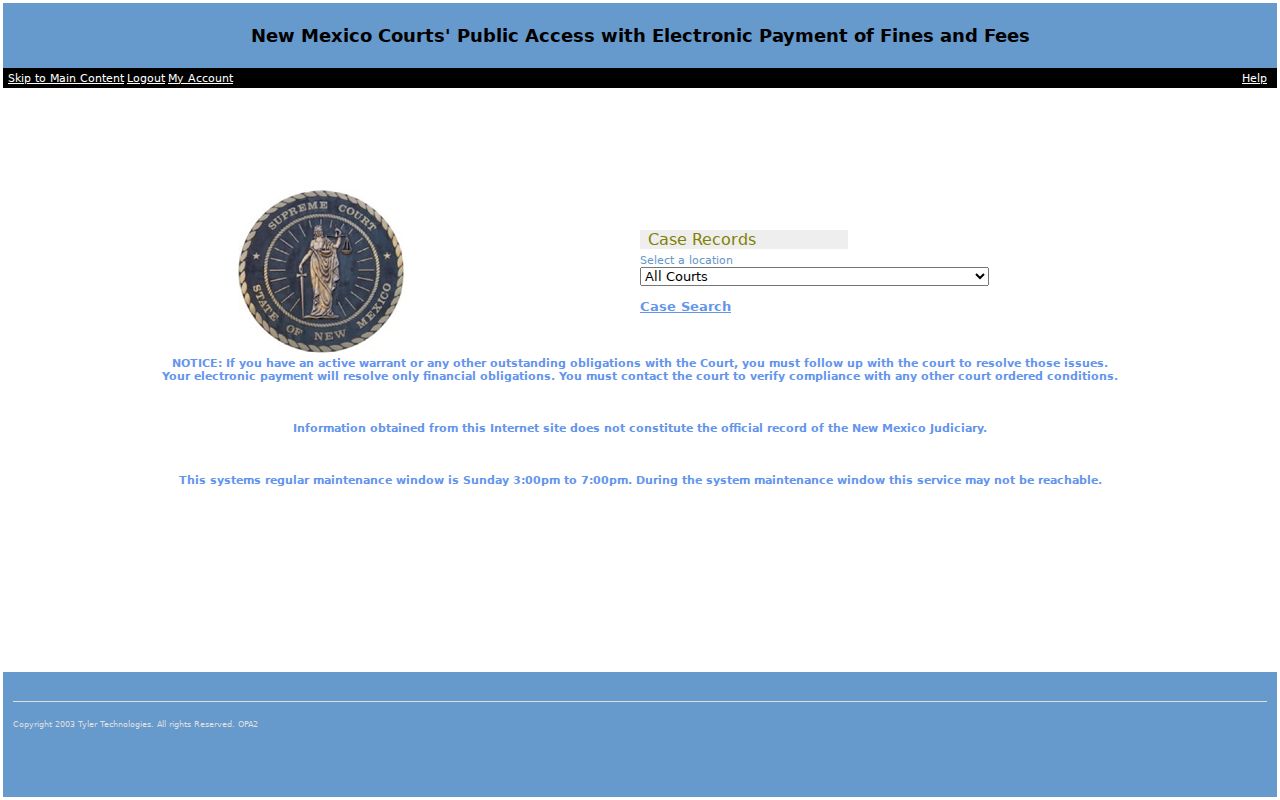 Otero County warrant records and New Mexico Case Lookup public landing page